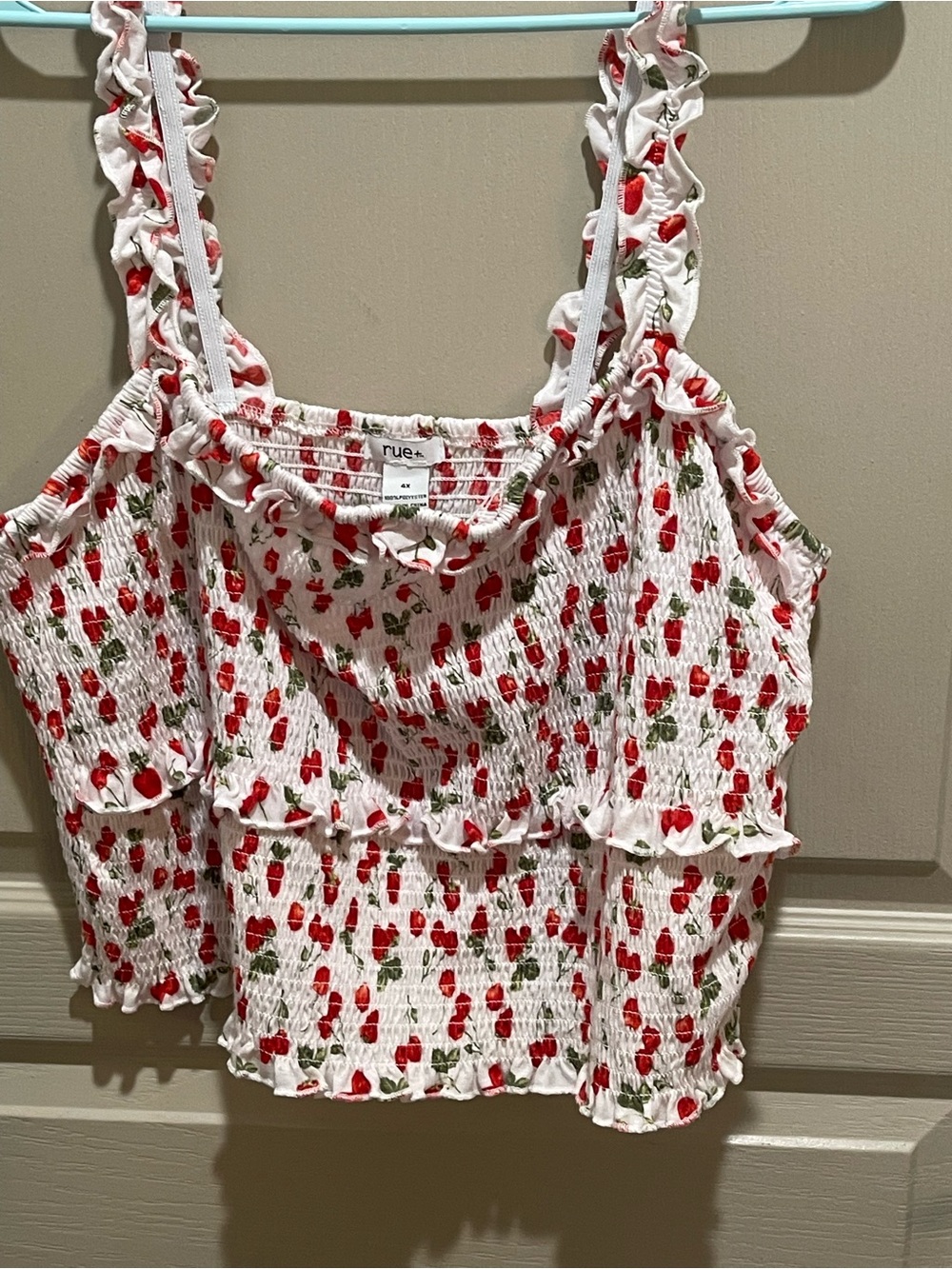 NWOT Rue+ White Smocked Strawberry Print Ruffle Tank